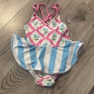 SweetHoney Pink Floral and Blue Striped Swimsuit